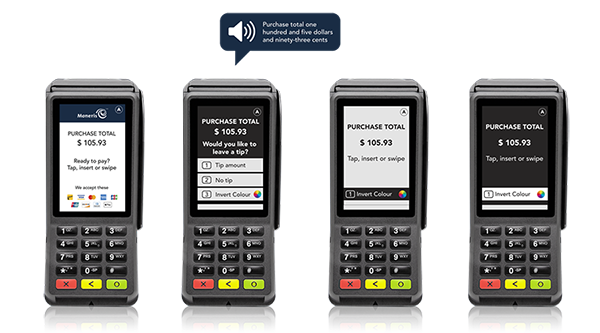Image 2 shows four Moneris payment terminals demonstrating larger font sizes, contrast formats, audio prompts, and visual cues. 