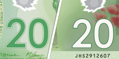 Image 4 shows side-by-side images of a Canadian $20 bill. The one on the left has a large green 20. The one on the right has a large white 20.