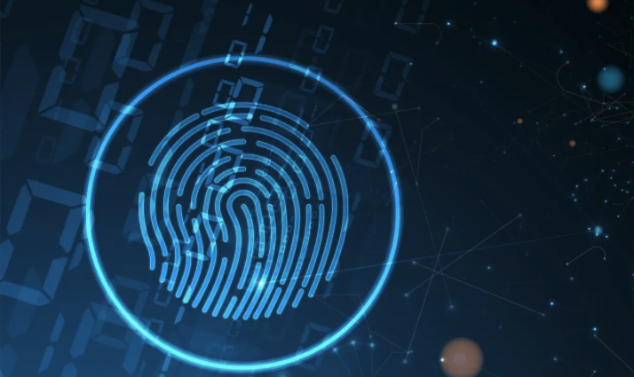 Graphic of a fingerprint on a. dark background