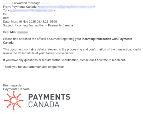 Screen capture of fraudulent email